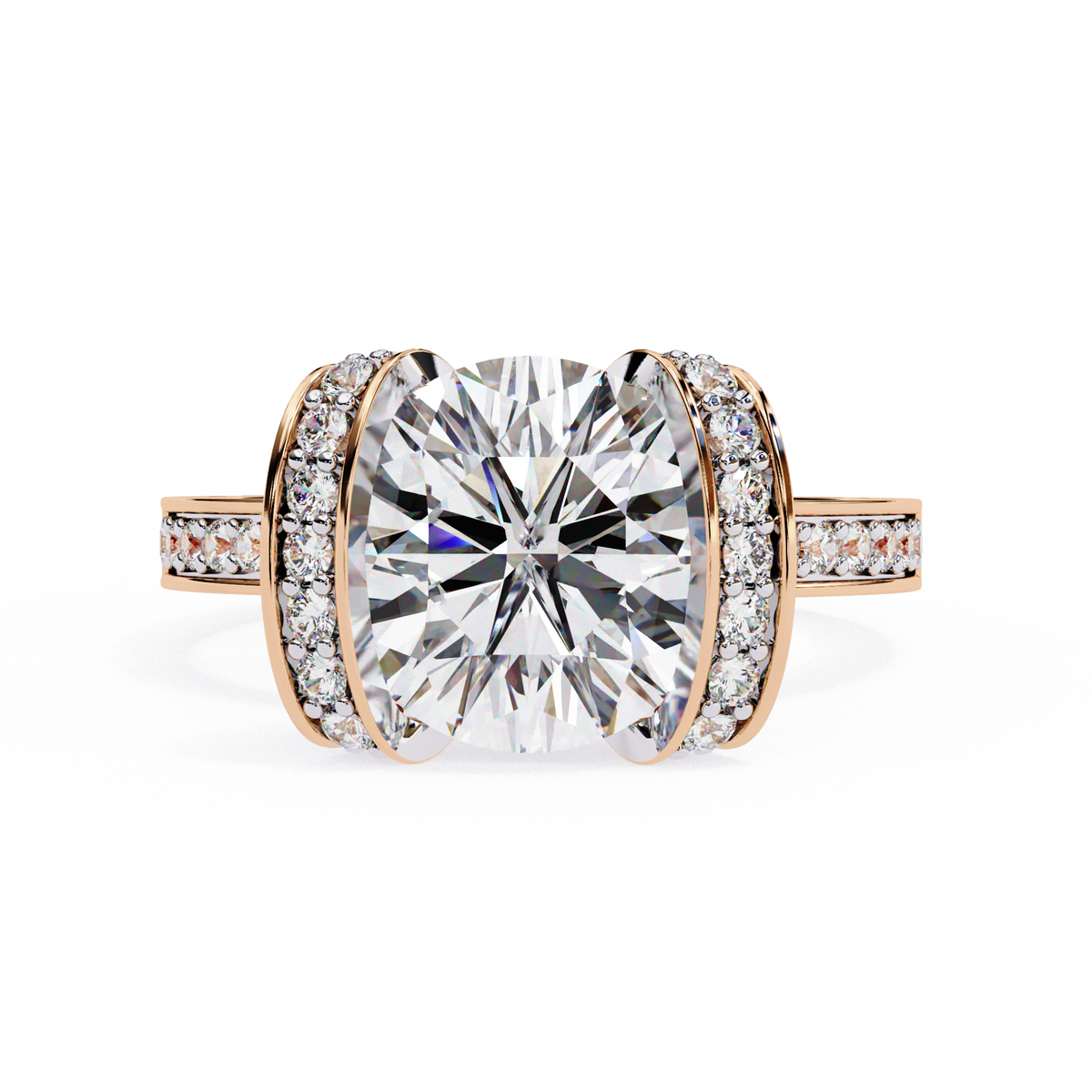 Diamond ring with rose gold band on a white background