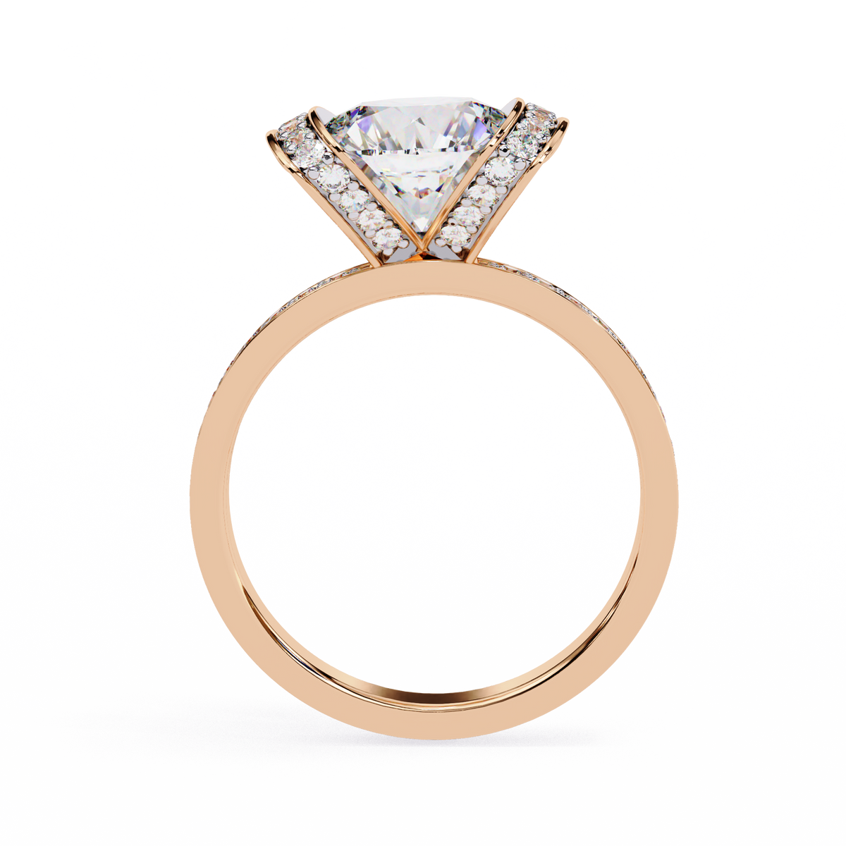 Rose gold ring with a diamond on a white background