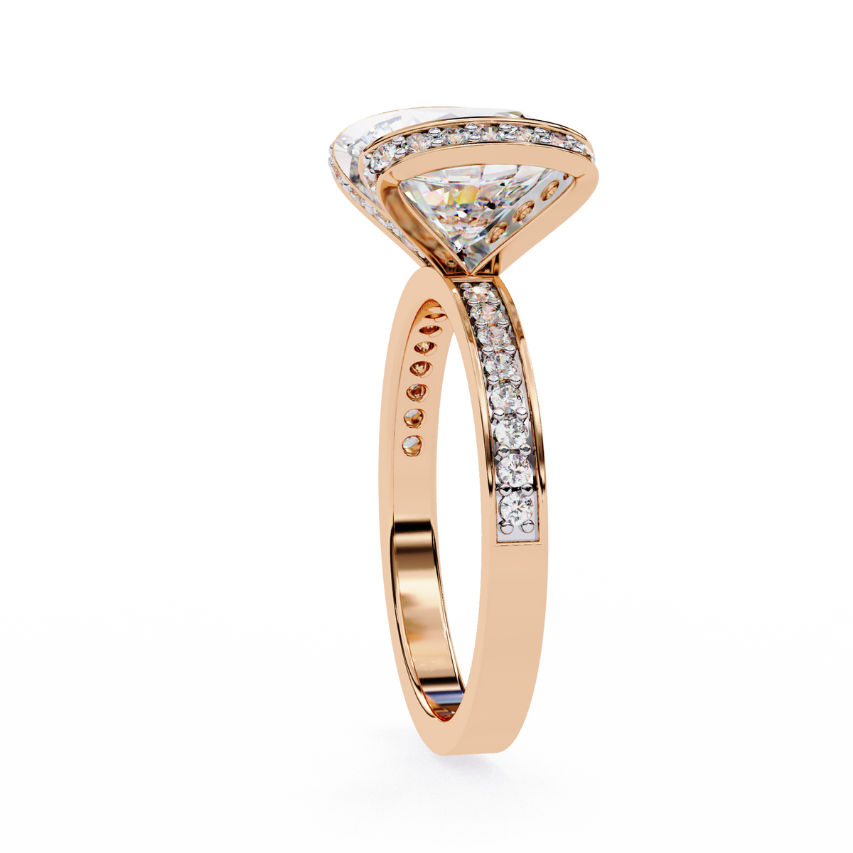 Rose gold ring with a diamond on a white background