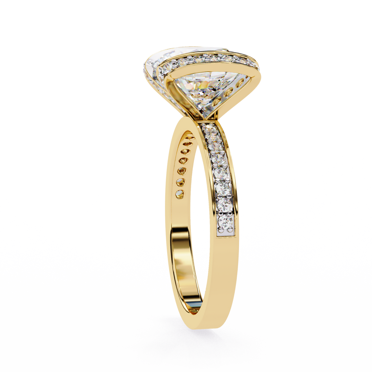 Gold ring with a large triangular diamond and smaller diamonds on the band against a white background