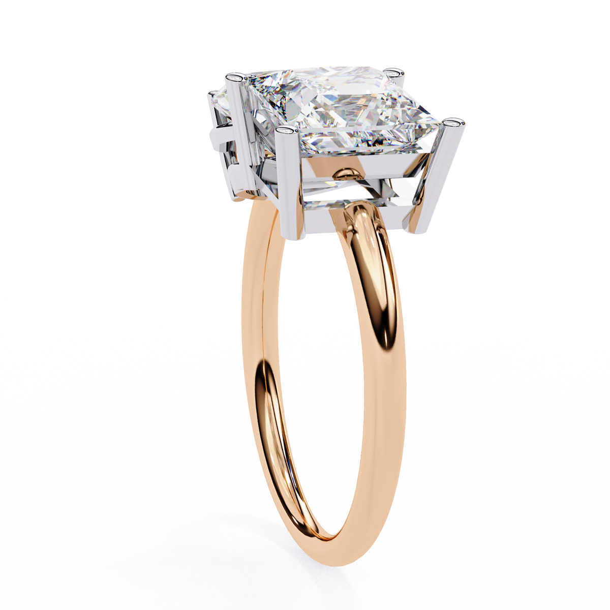 Rose gold ring with a large diamond on a white background