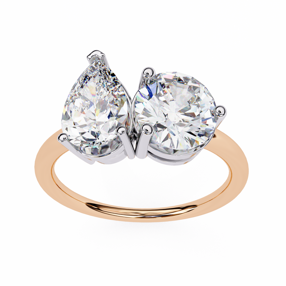 Rose gold ring with two pear-shaped diamonds on a white background