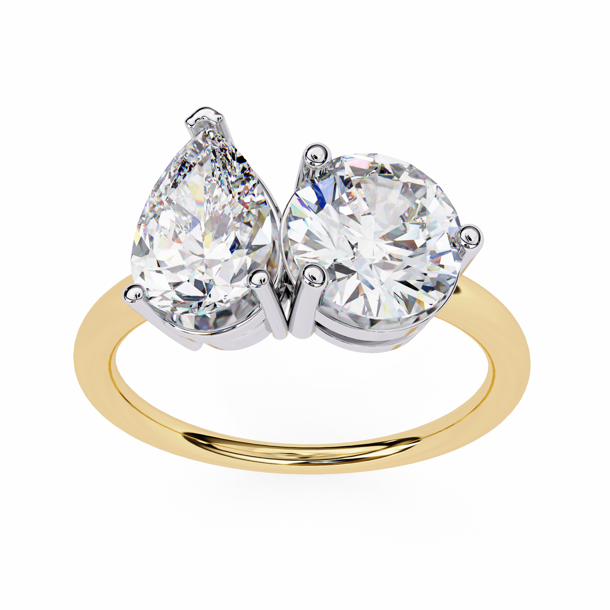 Gold ring with two large clear gemstones on a white background