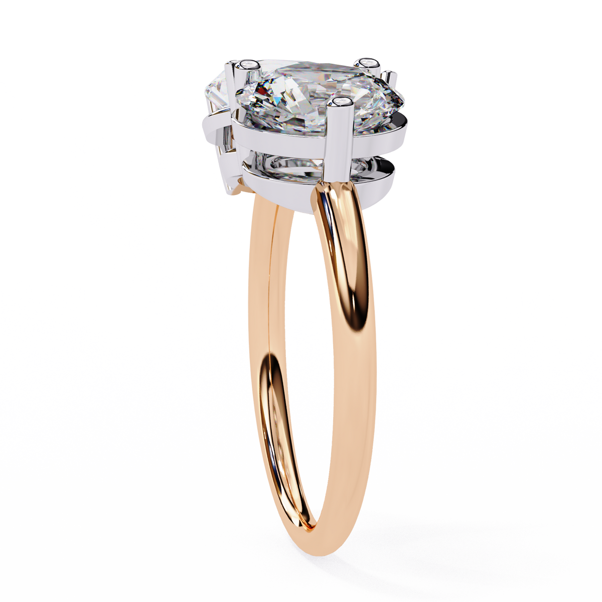 Rose gold and silver ring with a large diamond on a white background