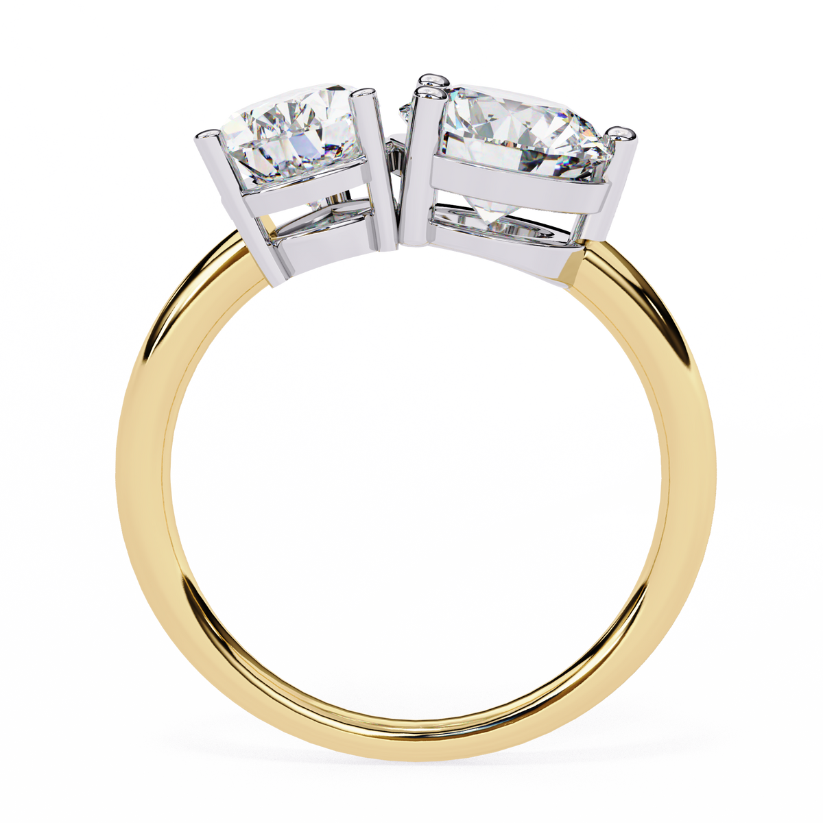 Gold ring with two diamond stones on a white background