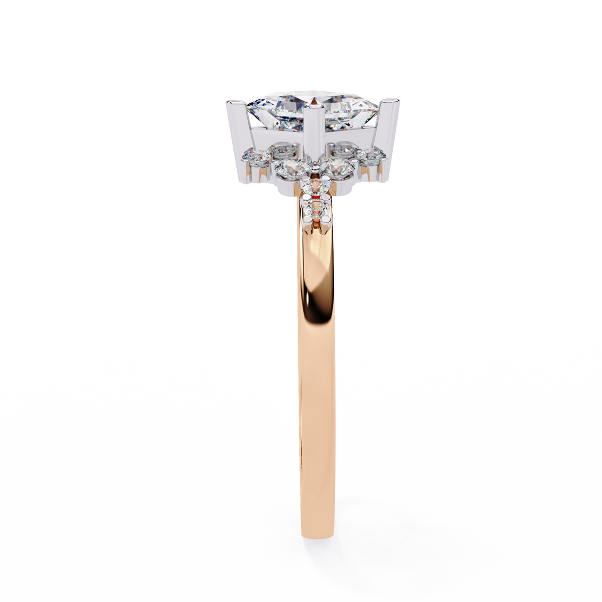 Rose gold ring with a diamond on a white background