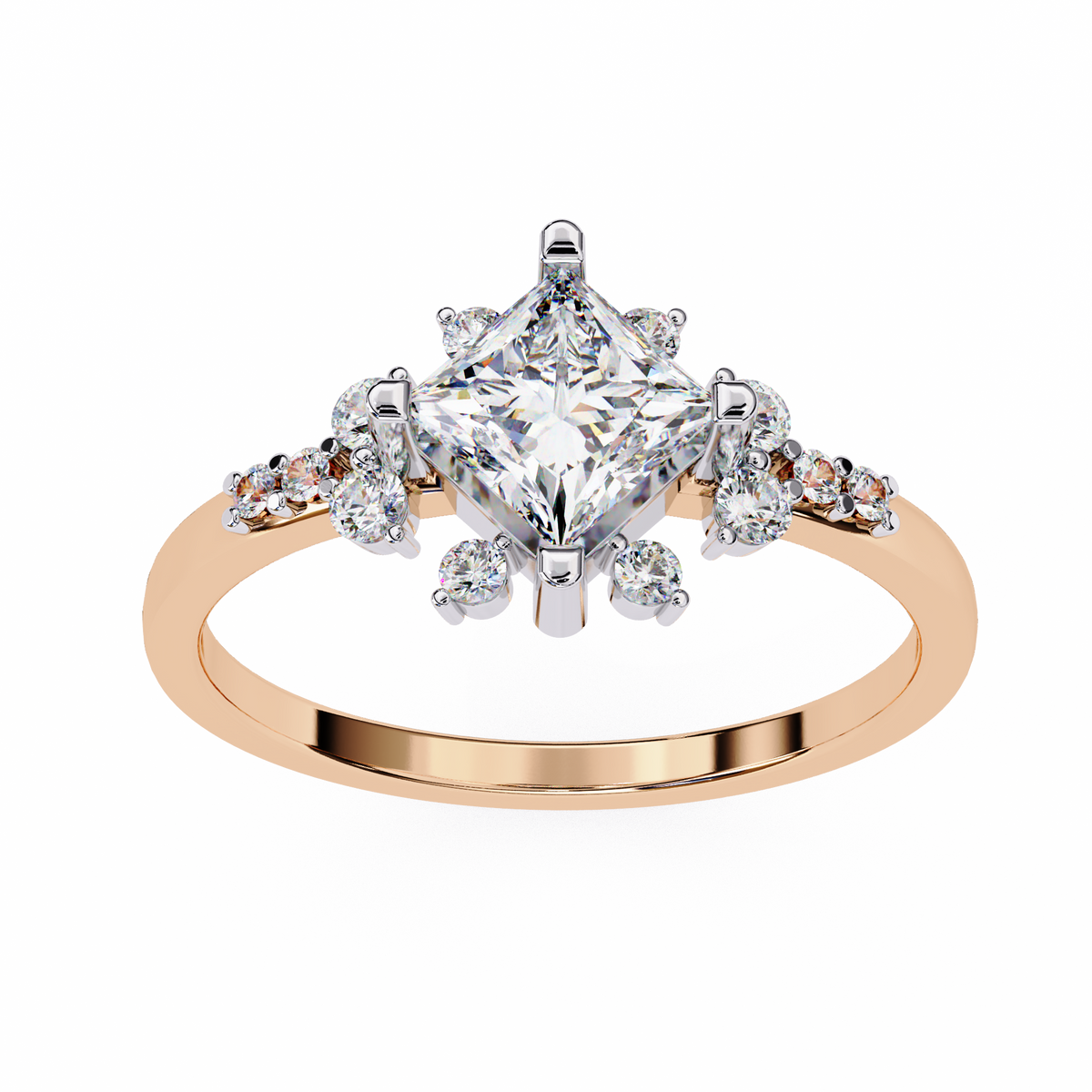 Rose gold ring with a large diamond and smaller diamonds on a white background