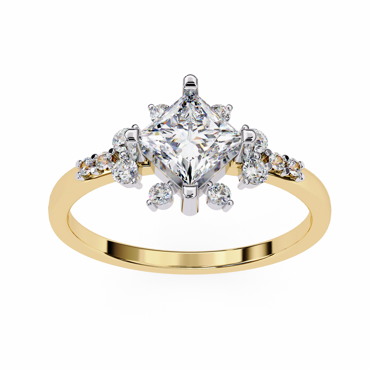 Gold ring with a large diamond and smaller diamonds on a white background