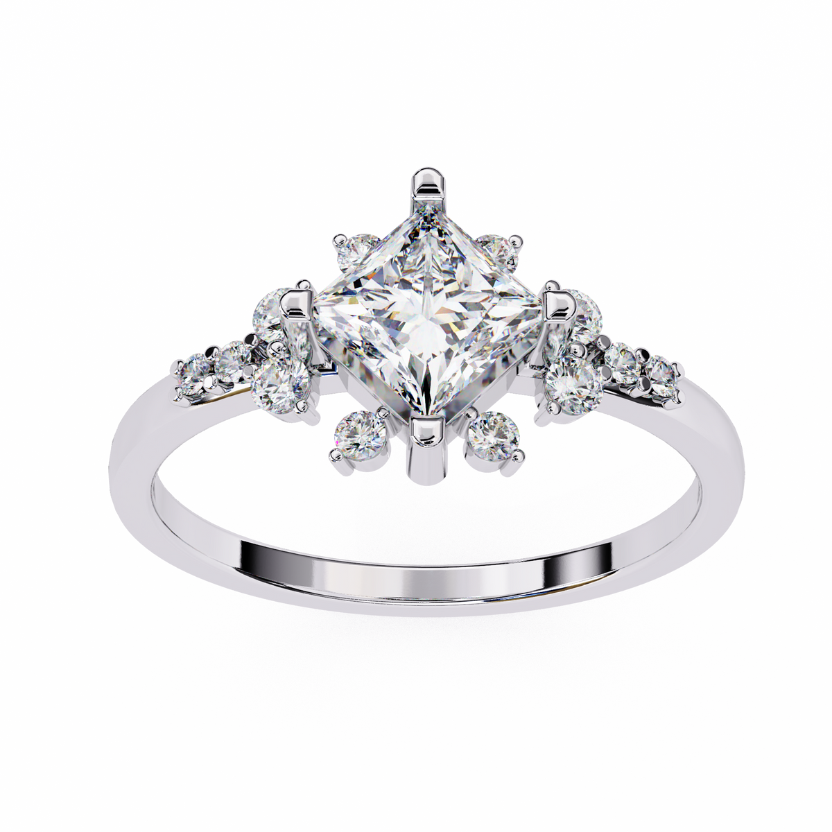 Diamond ring with a central princess-cut diamond and smaller diamonds on a white background