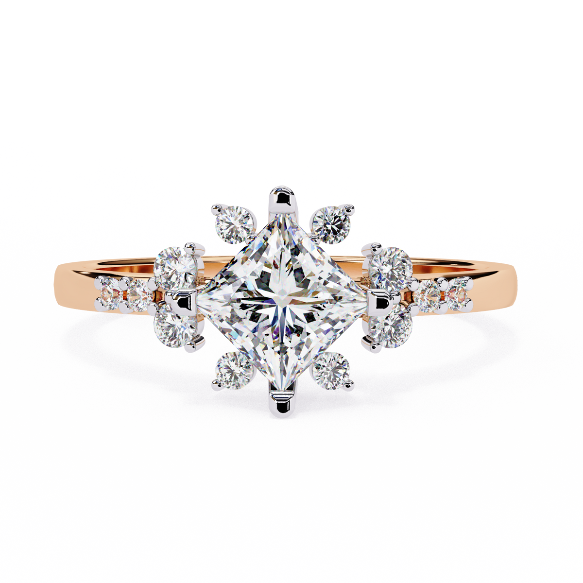 Diamond ring with a central large diamond and smaller diamonds on a white background