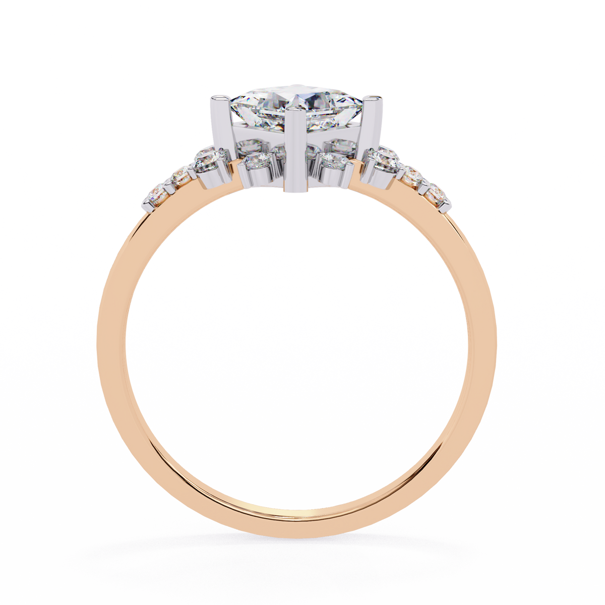 Rose gold ring with a diamond and smaller stones on a white background