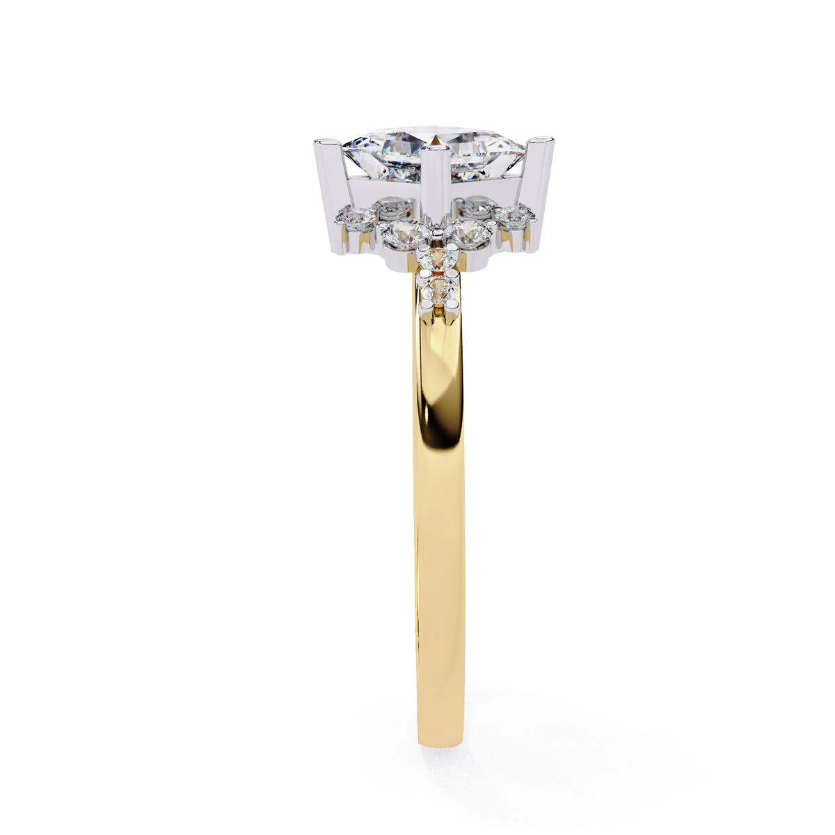 Gold earring with a clear gemstone on a white background