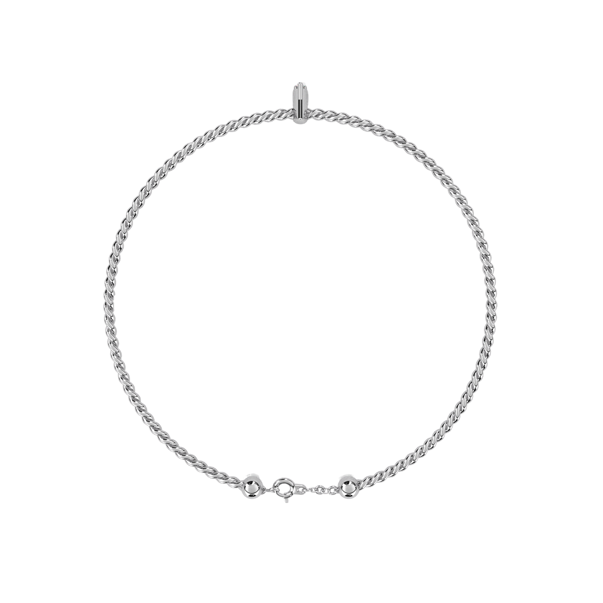 Silver necklace with small beads on a white background