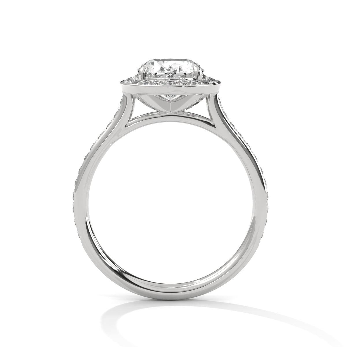 Diamond ring with a white gold band on a white background