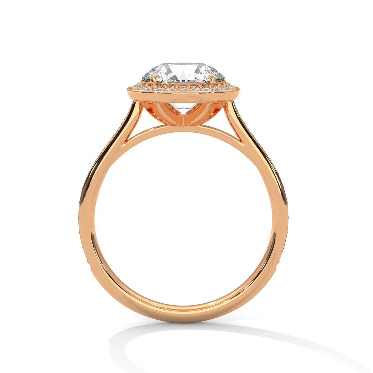 Rose gold ring with a diamond on a white background
