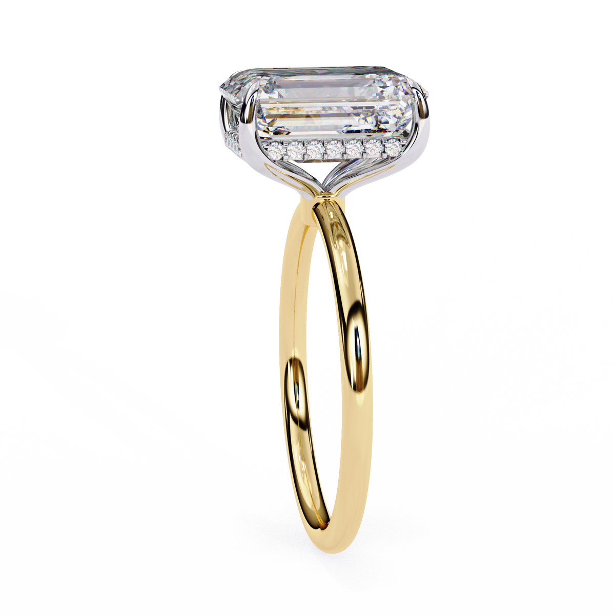 Gold ring with a large diamond and smaller diamonds on the band against a white background