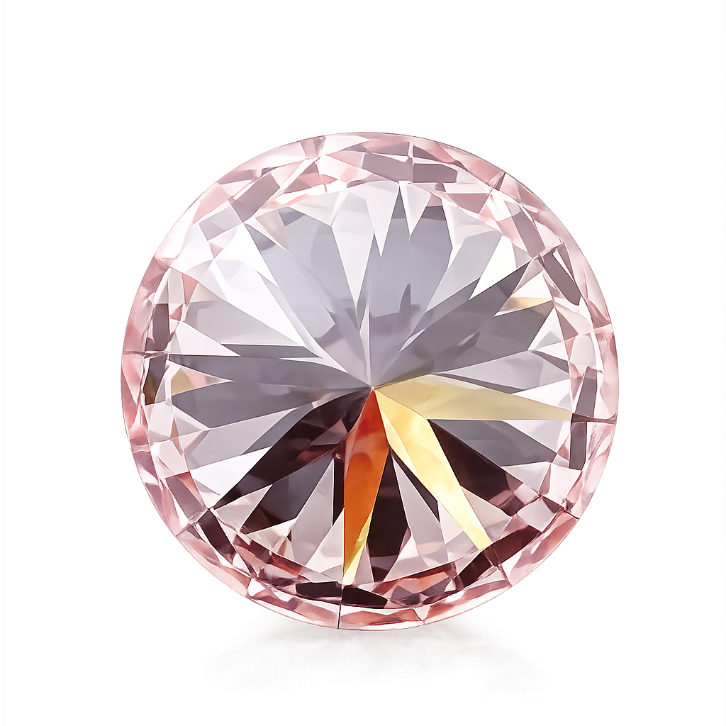 A single round-cut pink gemstone with faceted edges, centered on a clean white background.