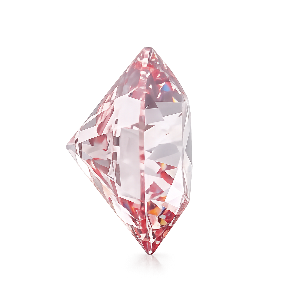 A faceted pink gemstone with a diamond-cut geometric shape, shown on a clean white background with a soft reflection underneath.