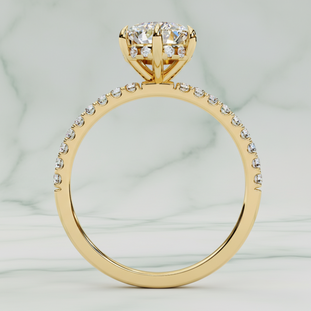 Gold ring with a diamond on a white background