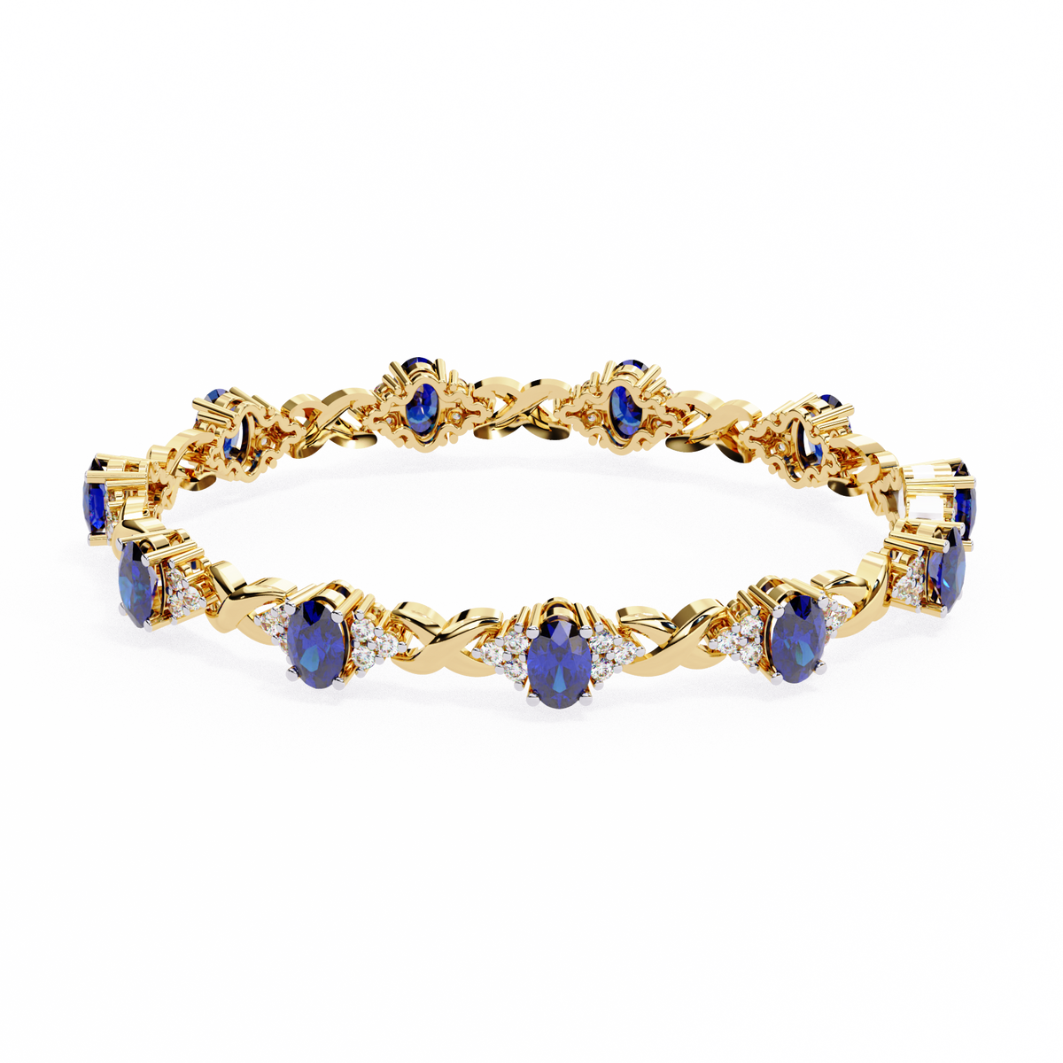 Gold bracelet with blue gemstones on a white background