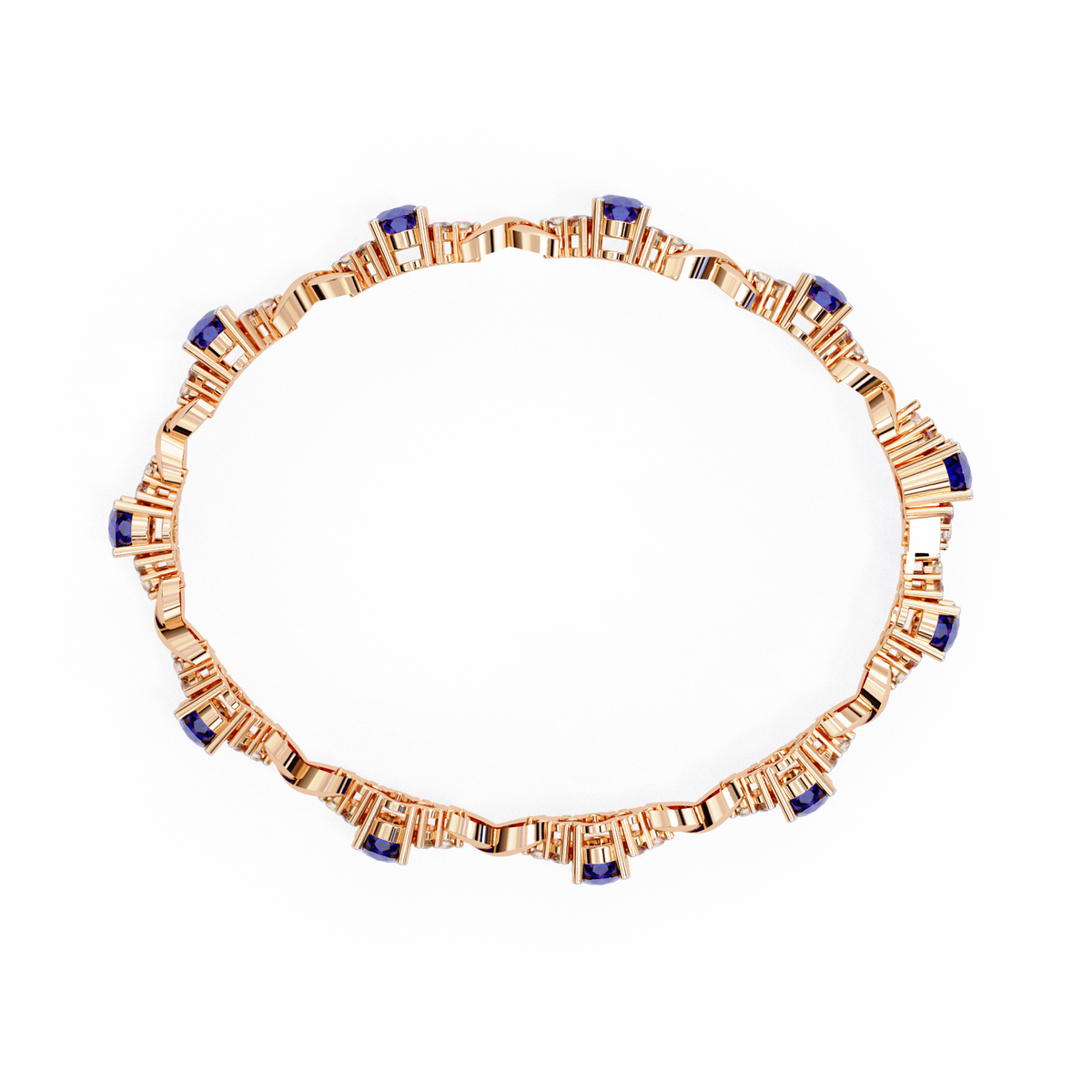 Gold necklace with blue gemstones on a white background