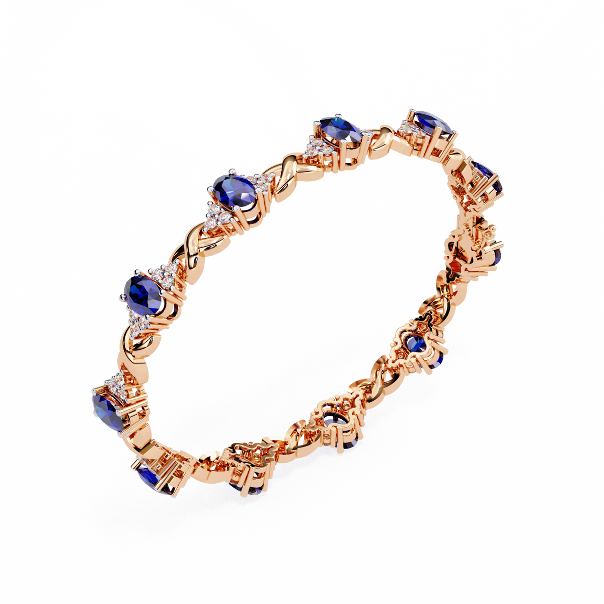Rose gold bracelet with blue gemstones on a white background