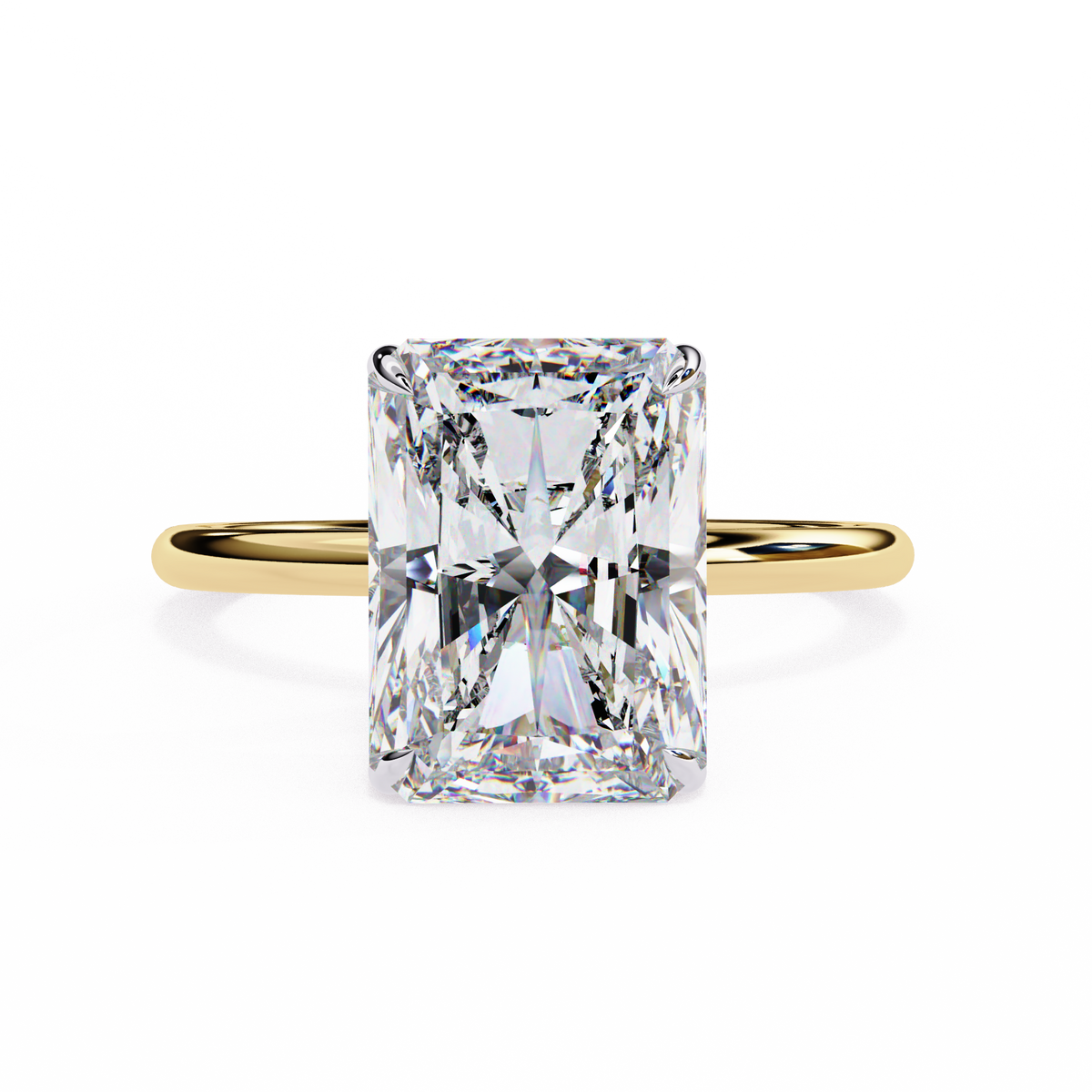 Gold ring with a large rectangular diamond on a white background