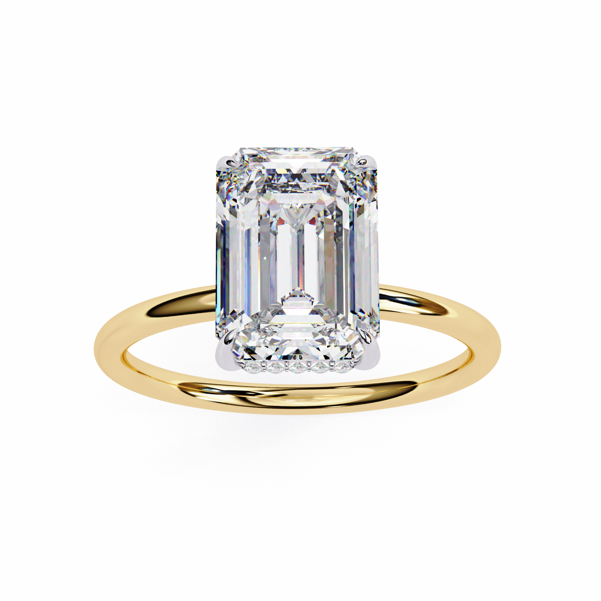 Gold ring with a large emerald-cut diamond on a white background