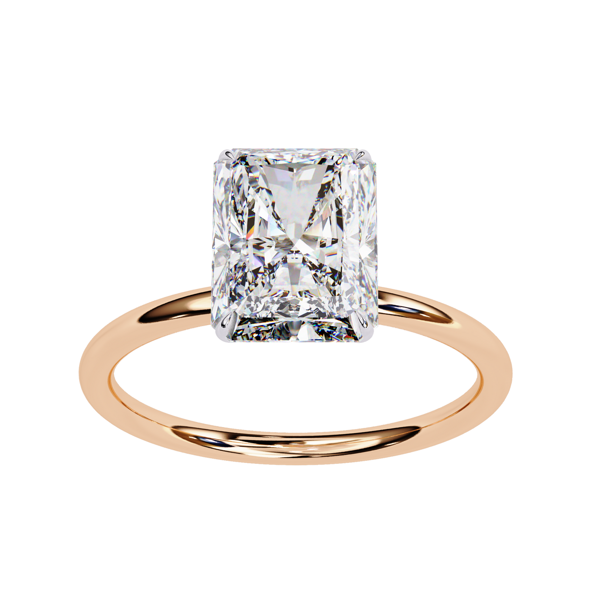 Rose gold ring with a large diamond on a white background