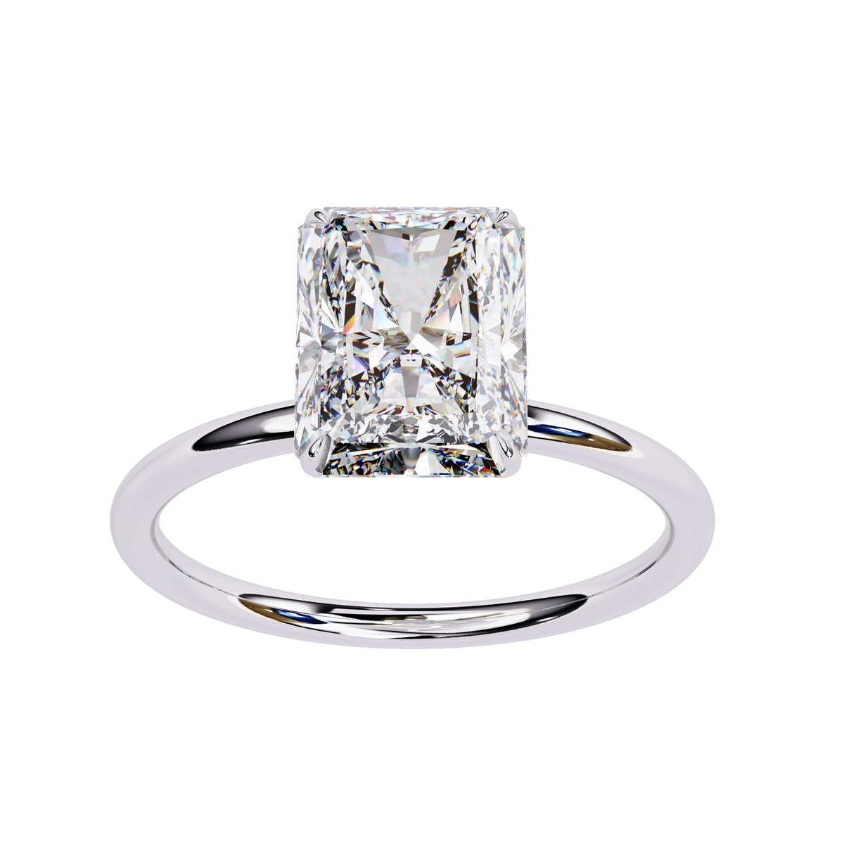 Diamond ring with a rectangular cut gemstone on a white background