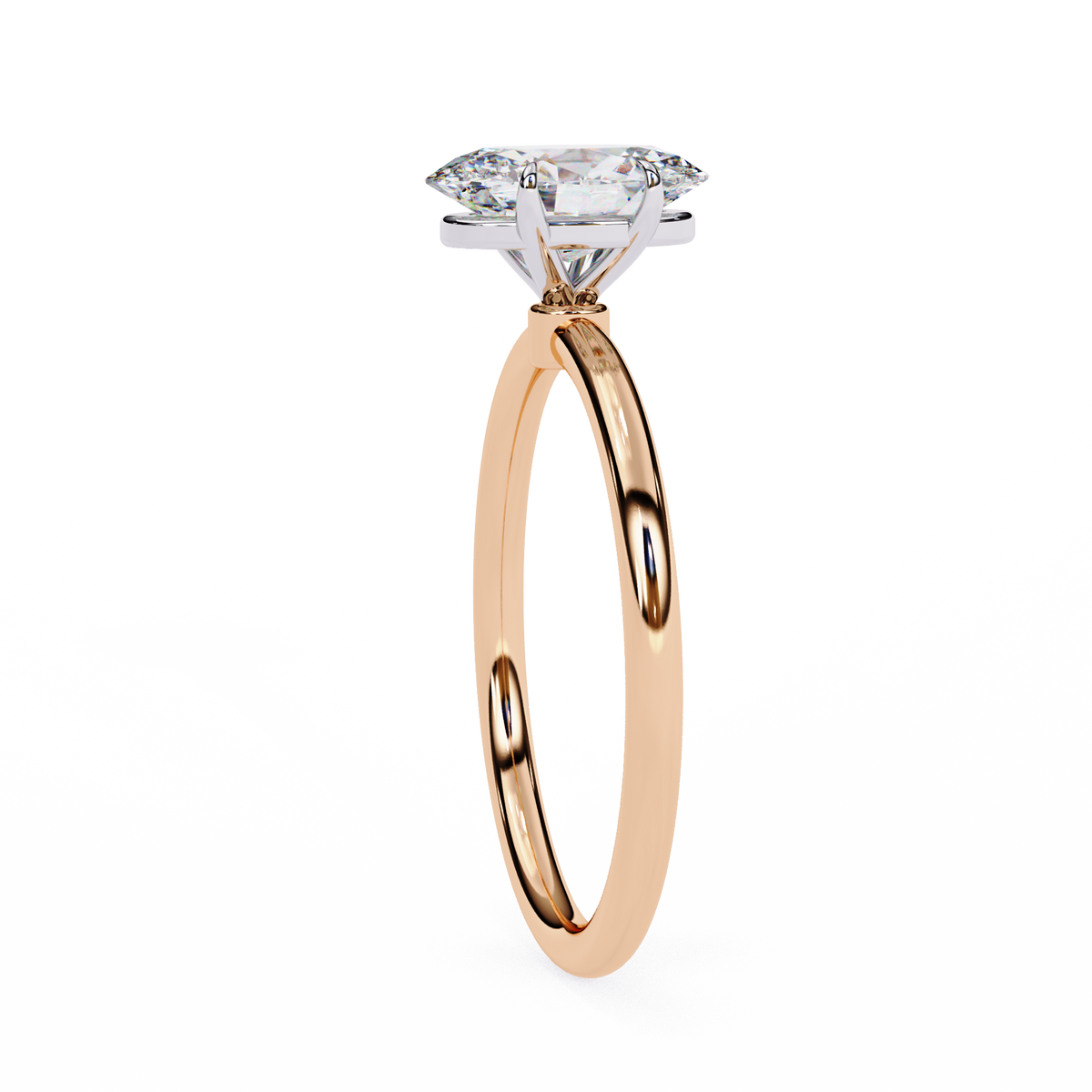 Rose gold ring with a diamond on a white background
