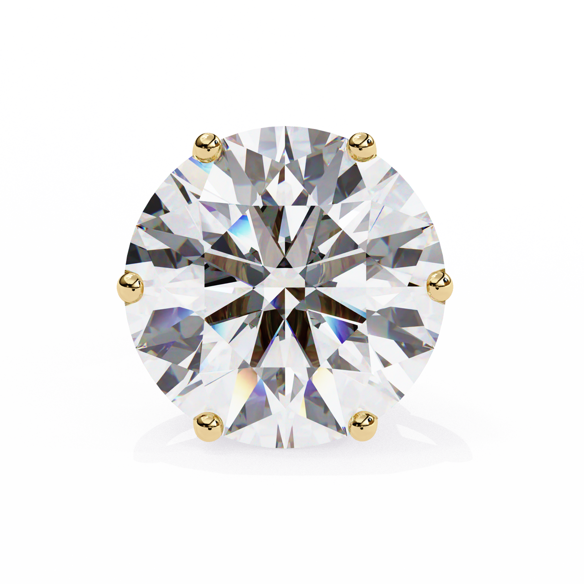 Round diamond with gold prongs on a white background
