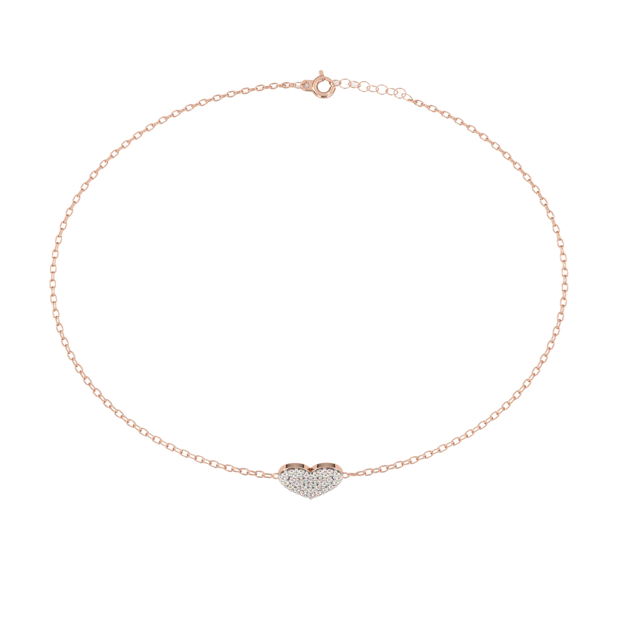 Rose gold necklace with a heart-shaped pendant on a white background
