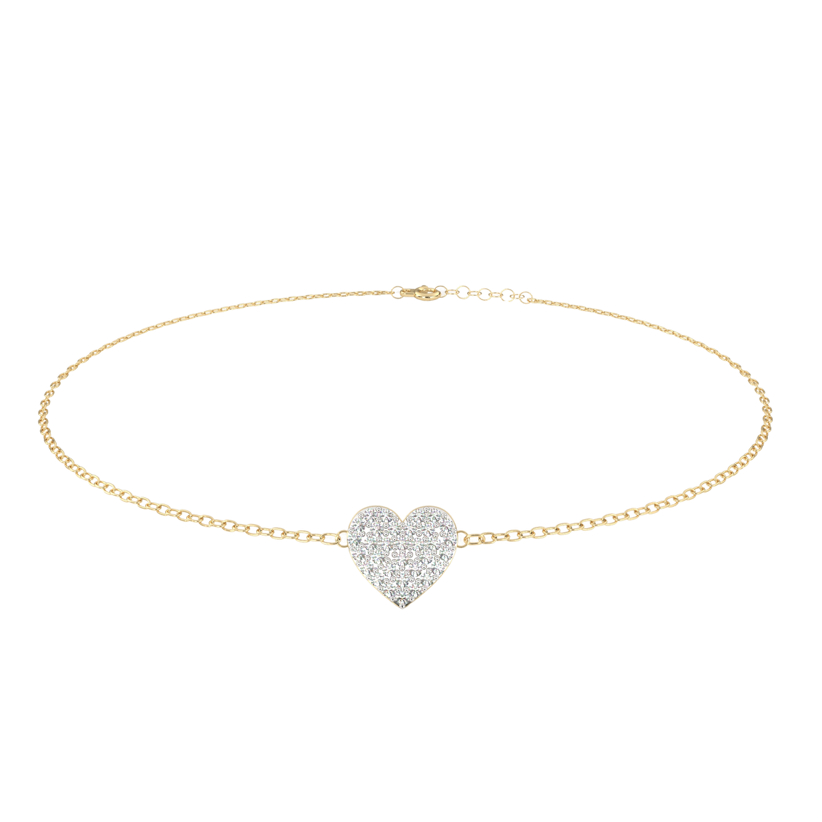Gold necklace with a heart-shaped diamond pendant on a white background