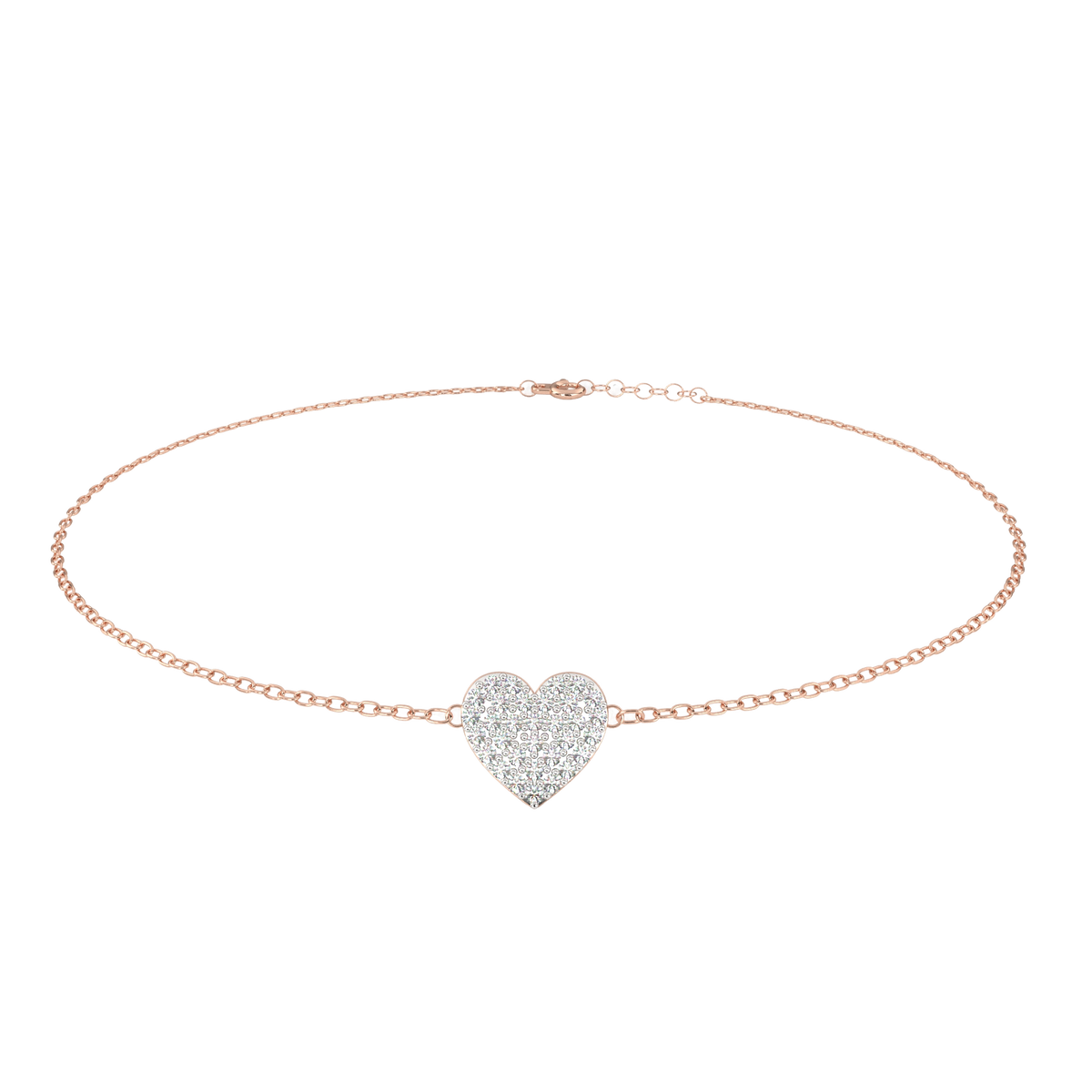 Rose gold necklace with a heart-shaped pendant on a white background