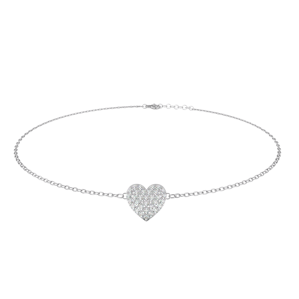 A delicate silver chain necklace featuring a central heart-shaped pavé charm set with clear stones, displayed against a solid white background.