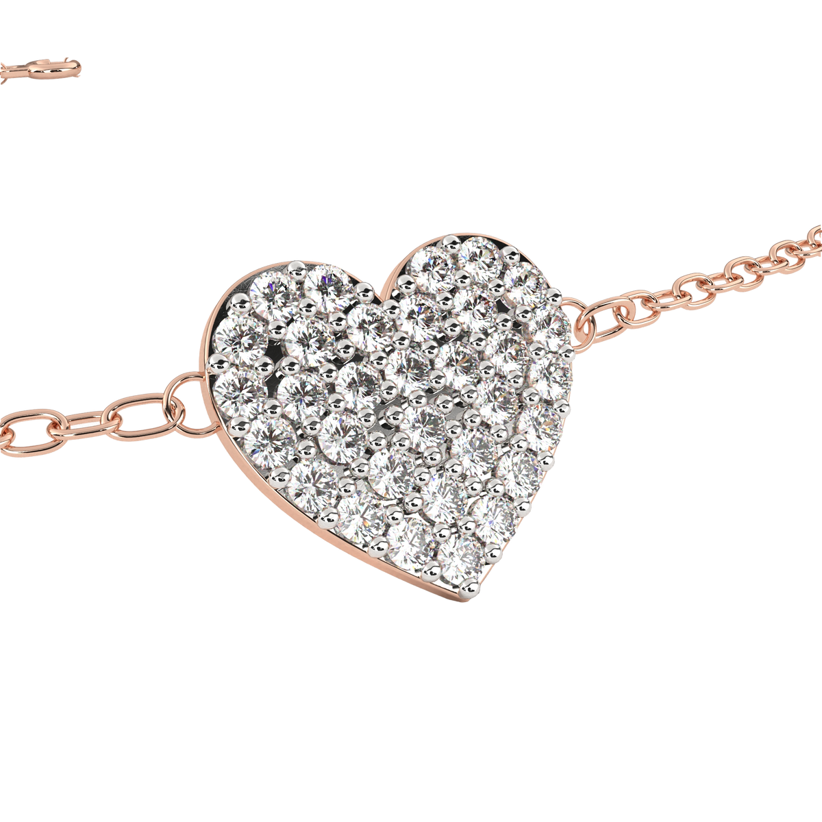 Heart-shaped diamond necklace with rose gold chain on a white background