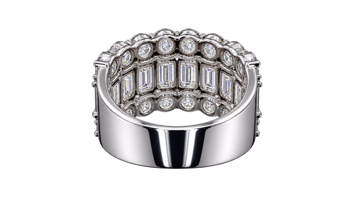 Emerald & Round Cut Lab Grown Diamond Three Row Ring