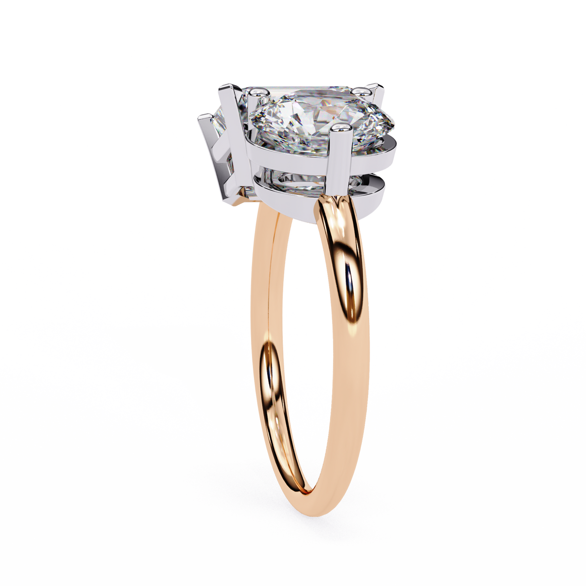 Diamond ring with two rectangular-cut diamonds on a white background