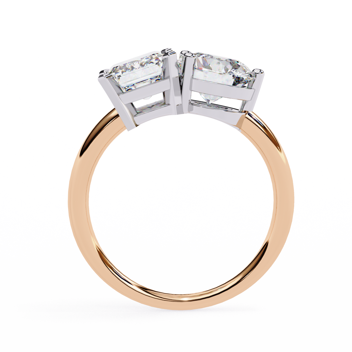 Rose gold ring with two diamond stones on a white background