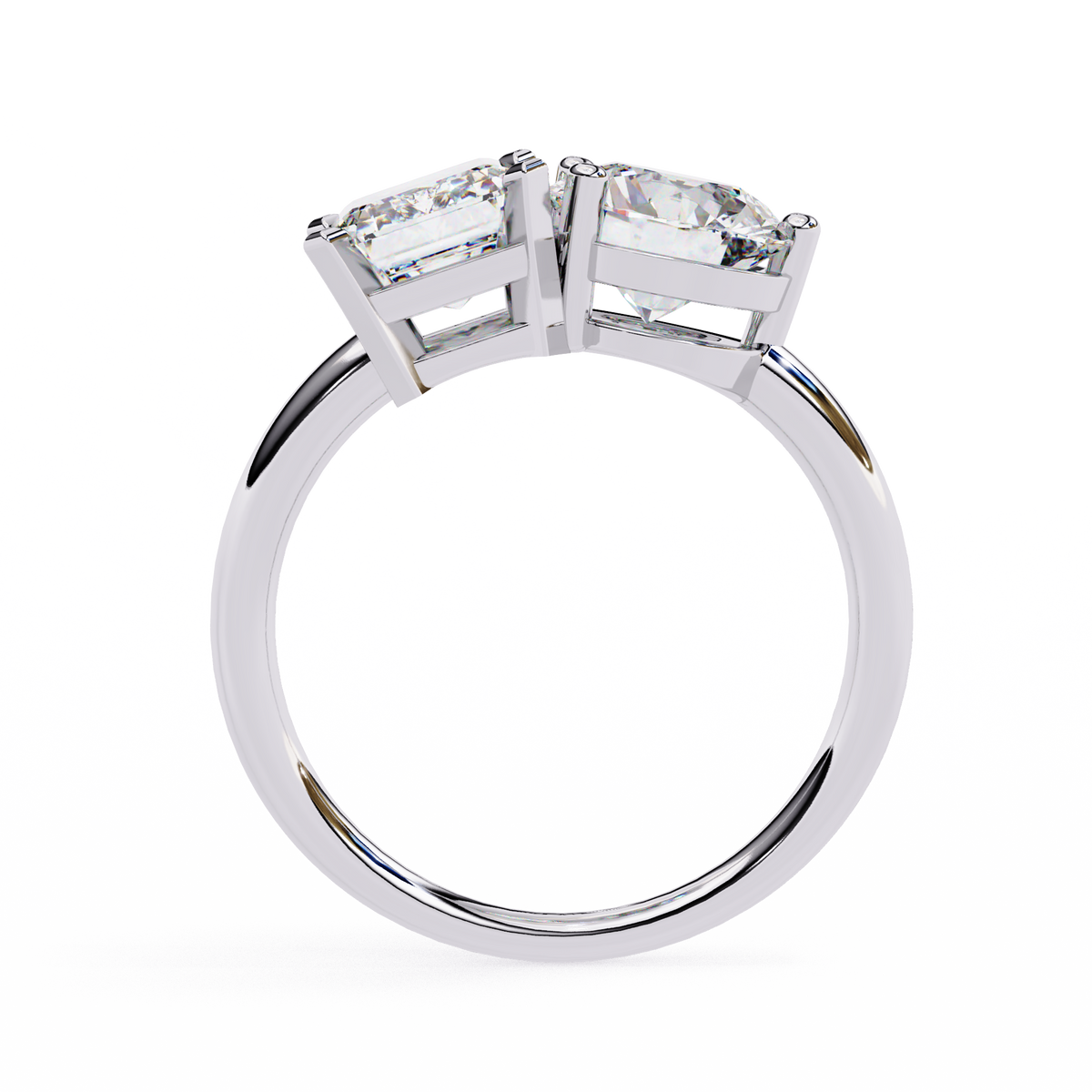 Diamond ring with two rectangular-cut diamonds on a white background