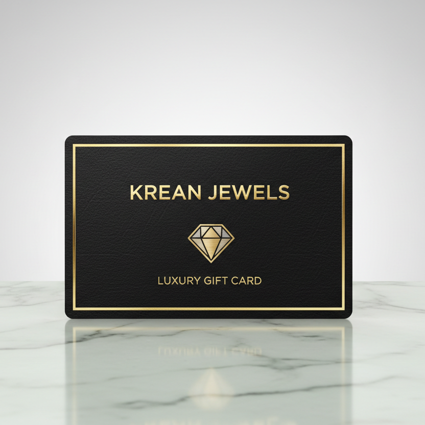 Krean Jewels luxury gift card on a marble surface with a white background