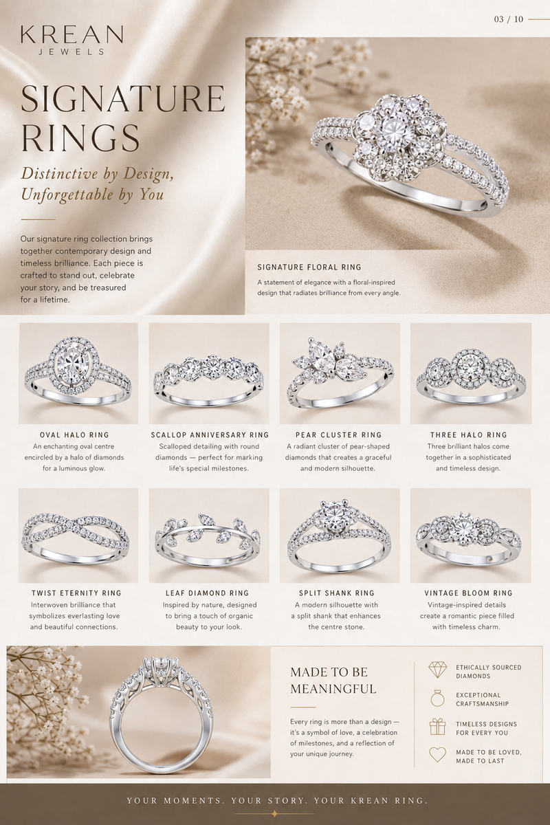 A branded jewelry catalog page from Kream Jewels titled 'Signature Rings' showing multiple ring designs, including oval halo, scalloped anniversary, pear cluster, three halo, twist eternity, leaf diamond, split shank, and vintage bloom rings, with close-up ring photos and descriptive text on a warm beige background.