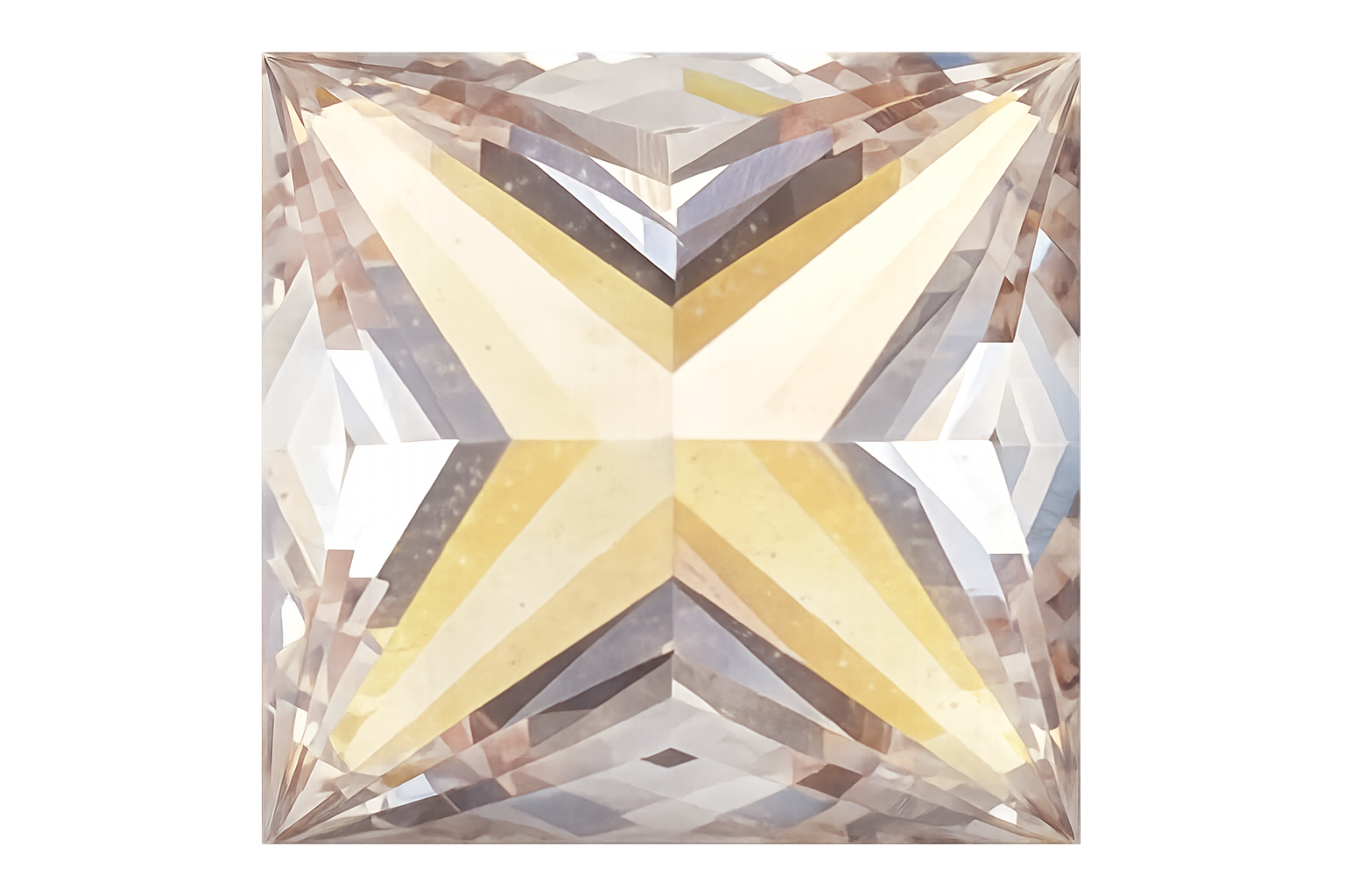 A square, faceted clear crystal gemstone with a subtle warm champagne tint, shown against a solid white background.