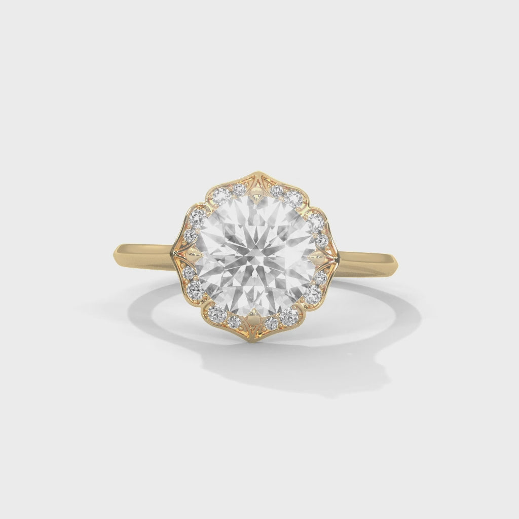 Vintage Floral Halo Round Diamond Engagement Ring