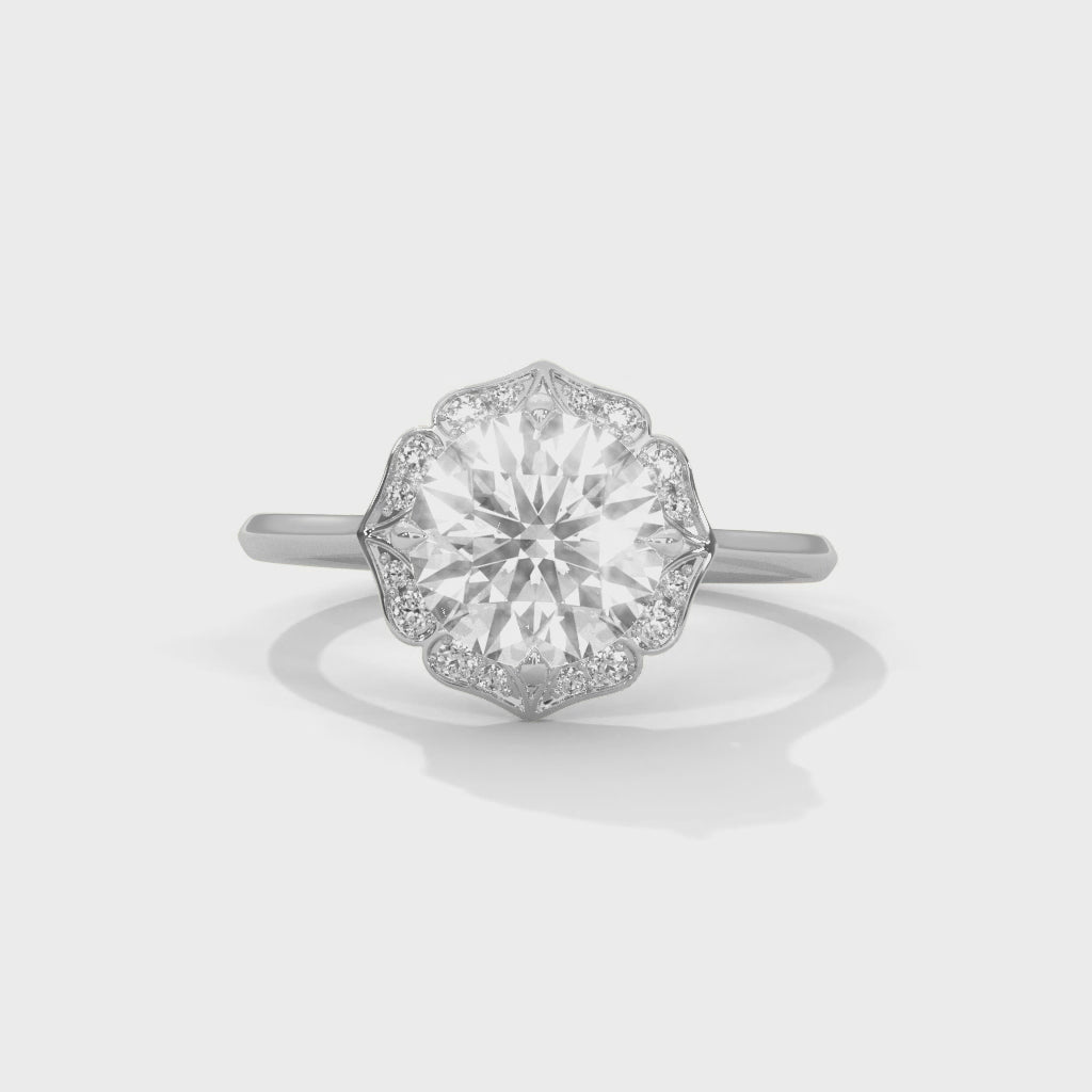 Vintage Floral Halo Round Diamond Engagement Ring