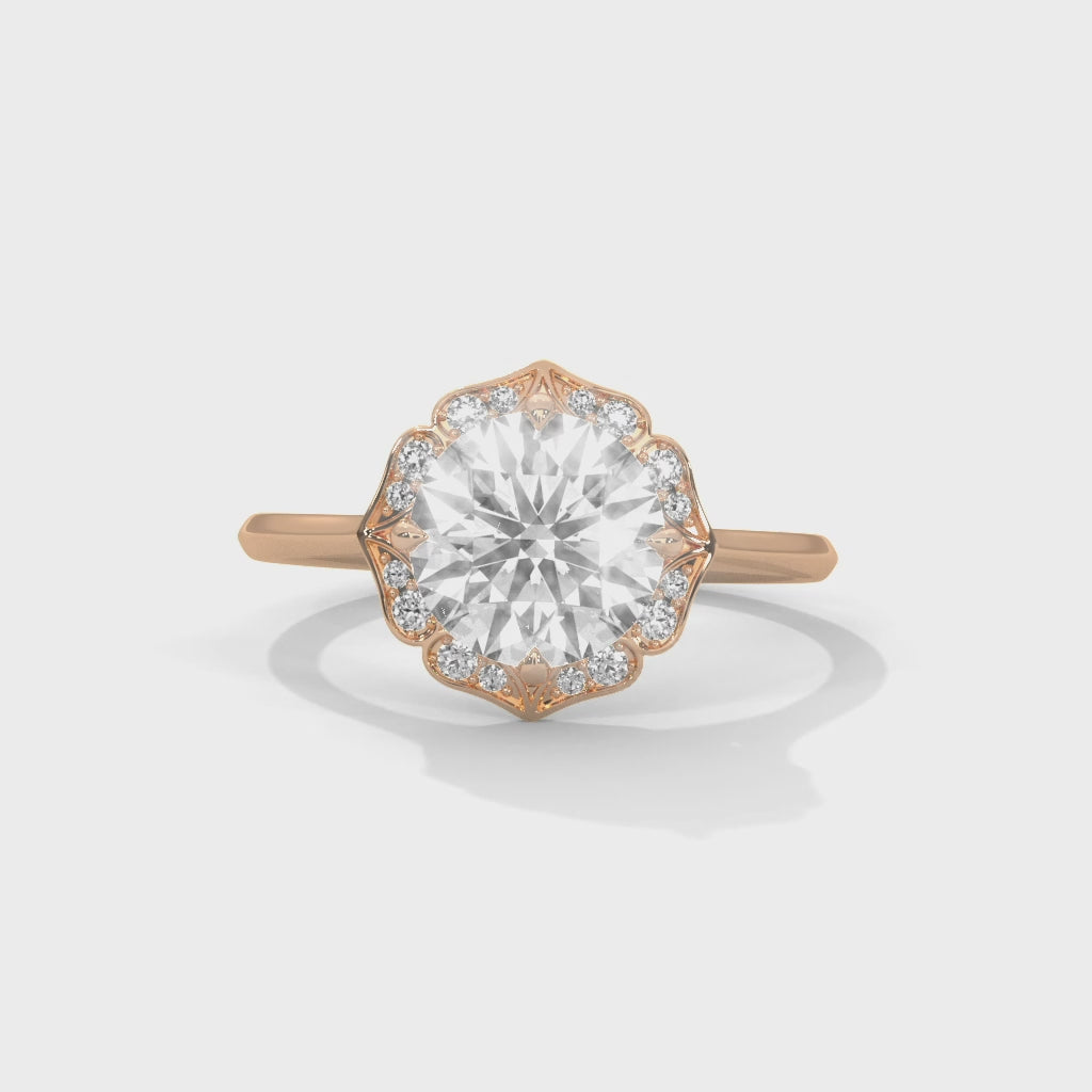 Vintage Floral Halo Round Diamond Engagement Ring