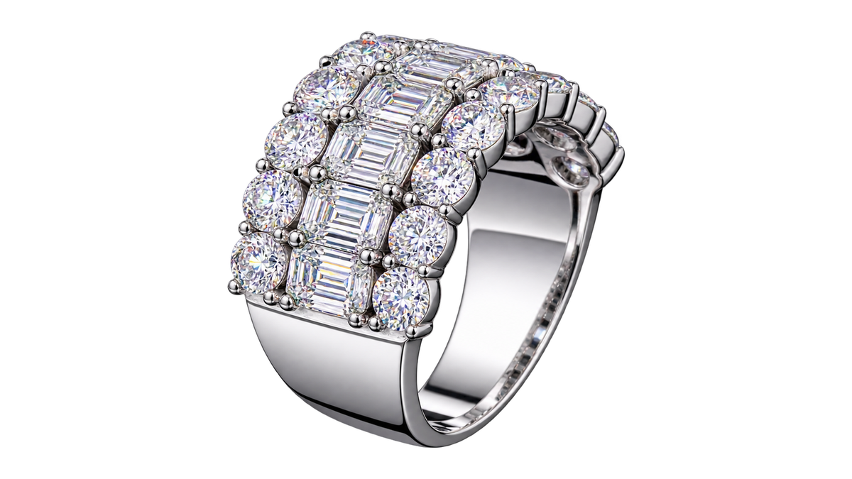 Emerald & Round Cut Lab Grown Diamond Three Row Ring